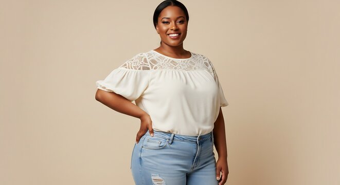 Confident Plus Size Black Woman Smiling in a Stylish Cream Lace Top and Light Blue Jeans