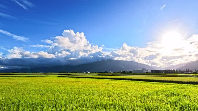 Car side window view of rice fields terrace farming plantation at sunrise in East Longitudinal Valley,Taiwan