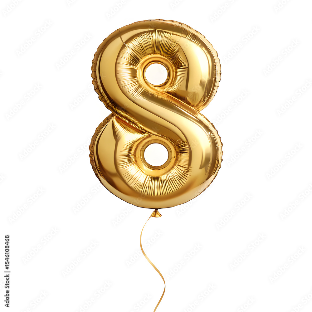 Fototapete a balloon shaped like the number 8 ,gold metallic finish with realistic reflections and smooth textu