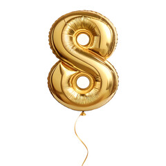 A balloon shaped like the number 8 ,gold metallic finish with realistic reflections and smooth texture.