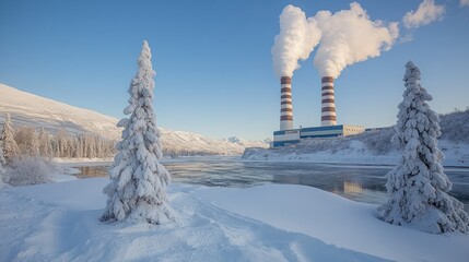 Winter Landscape with Power Plant and Snow-Covered Trees