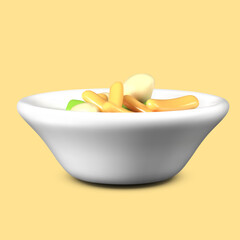 Realistic white plate with vegetable dish, side view. Vector template for online Mexican cuisine