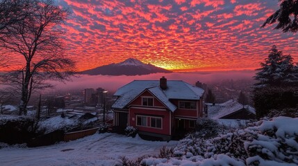 Winter Sunrise Over City With Snow-Covered House