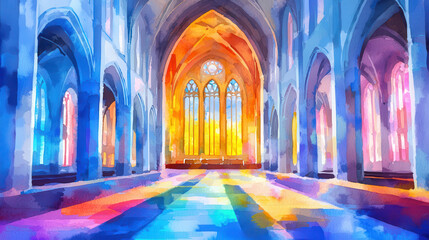 Vibrant watercolor painting of grand cathedral interior, showcasing colorful stained glass windows and luminous atmosphere