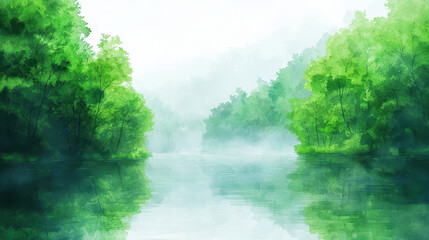 Lush green trees reflect on tranquil water surface, creating serene and peaceful atmosphere in this watercolor painting
