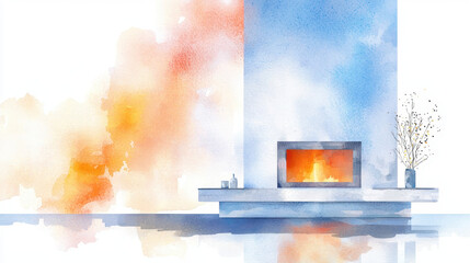 Serene watercolor sketch of cozy fireplace, featuring soft hues of orange and blue, creating warm and inviting atmosphere