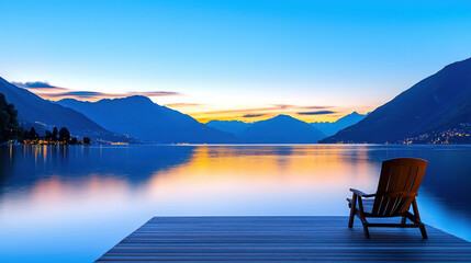 Serene lake view at sunset with wooden chair on dock, surrounded by mountains and calm water surface reflecting colorful sky