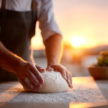 Experienced baker prepares traditional mallorca dough with floured hands, gently kneading the mixture against a golden sunset backdrop in a bright, rustic kitchen.