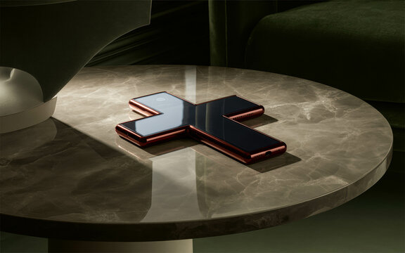 Foldable Cross Smartphone Design on Glossy Stone Surface. Futuristic Phone Concept