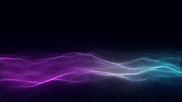 Dynamic blue wave of particles and lines. Abstract futuristic background. Big data visualization. 3D rendering.
