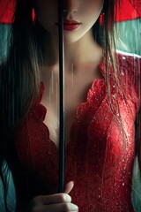 Woman in Red Dress Under Rain with Umbrella
