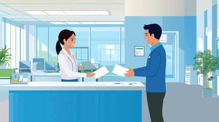 Young professional woman hands documents to man in modern office setting, conveying sense of collaboration and professionalism