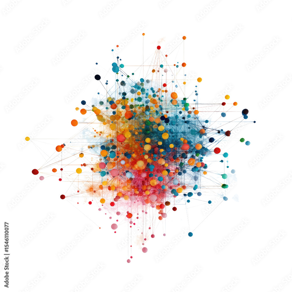 Poster abstract colorful network visualization with dynamic connections and vibrant dots representing data 