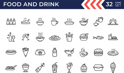 Outline Food and Drink vector icon set. Line Art Vector Illustration