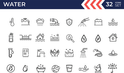 Water outline vector line icon set. Contains shower, bathtub, drain system, water drop, mineral water and more icon collection