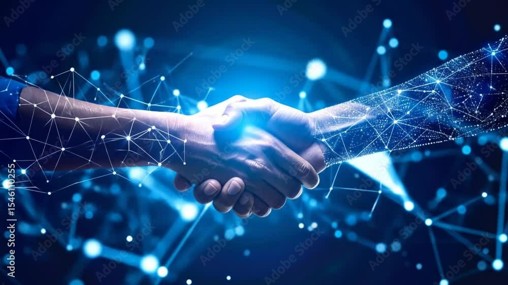 Poster futuristic handshake: business deal in the digital age with network connection visualization