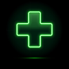 Obraz premium Green neon medical cross sign. Glowing pharmacy or healthcare symbol on dark background. Bright illuminated plus icon for clinic, hospital, or drugstore. 3D realistic vector illustration.