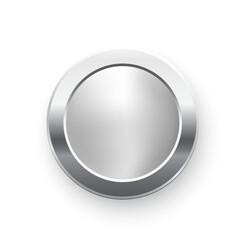 Silver award medal. 3d metal winner emblem. Round steel button, stamp, frame, seal, badge, prize, trophy design element. Vector illustration isolated on white.