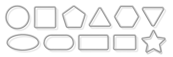 Silver metal photo frames set on white. Chrome tube frames with shadow. Collection of geometric shapes: square, circle, triangle, rectangle, oval, pentagon, heart, star, ring. Vector illustration.