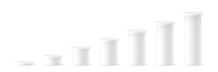 White cylindrical podiums in ascending height. Minimalist 3D columns for ranking, data visualization, infographics, or product display. Realistic vector illustration.