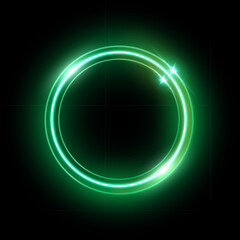 Neon green round frame. Abstract colorful glow light circle. Laser bright round shape. Futuristic illuminated button. Geometric graphic vector illustration isolated on black background.