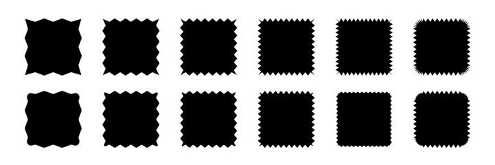 Black stickers set. Badge, seal silhouettes. Set of square shapes with zigzag, wavy, and starburst edges. Blank labels for stamps, awards, logos. Graphic vector illustration.