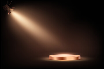 Black stage background with glowing bronze podium under white spotlight. Dramatic lighting and smoky atmosphere for product presentation, award ceremony. Abstract vector illustration.