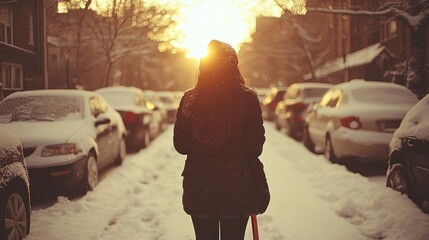 Woman walking down a snowy street at sunset.