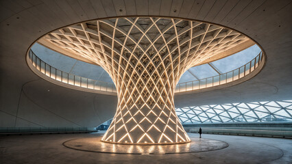 shows a modern architectural interior with a large, illuminated, spiral-shaped structure in the center. The space is sleek and futuristic, featuring geometric patterns and a high ceiling with skylight