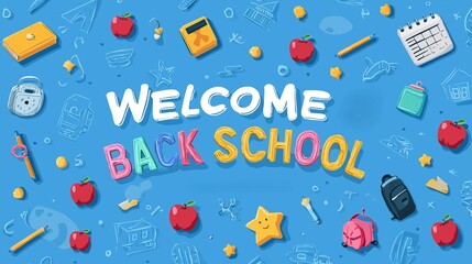 Festive and colorful flat-lay, back to school greeting with school supplies, perfect for an invitation or announcement.  