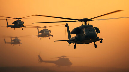 Formation of Helicopters Flying in Golden Sunset Sky with Detailed Rotor Blades and Fuselage
