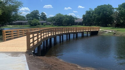 Wooden Bridge Over Tranquil Water, Sunny Day