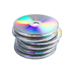 Stack of Colorful Compact Discs with Reflective Surfaces in a Clear Case on a White Background