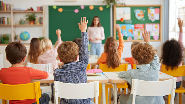 A cheerful teacher orchestrates an interactive lesson with attentive pupils inside a vibrant classroom, where education flourishes and creativity thrives.