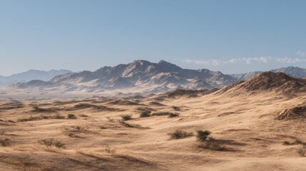 Fototapeta premium Majestic Desert Landscape under a Clear Blue Sky with Distant Mountains