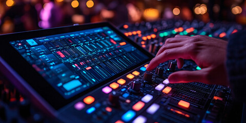 A sound engineer's hand adjusts the controls on a digital audio workstation during a live music performance.