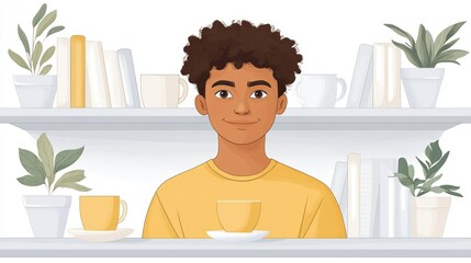 Young Man at Home with Books and Plants on Shelves