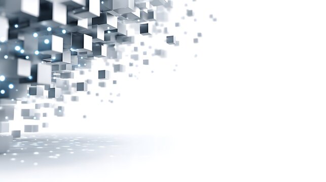 Realistic digital aorithm photography showcases abstract cubes floating with bright spots, providing clean copy space for innovative design concepts beautifully.