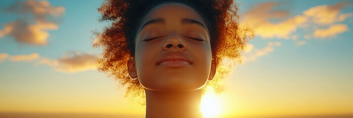 Young Woman Meditating at Sunset, Eyes Closed in Serenity
