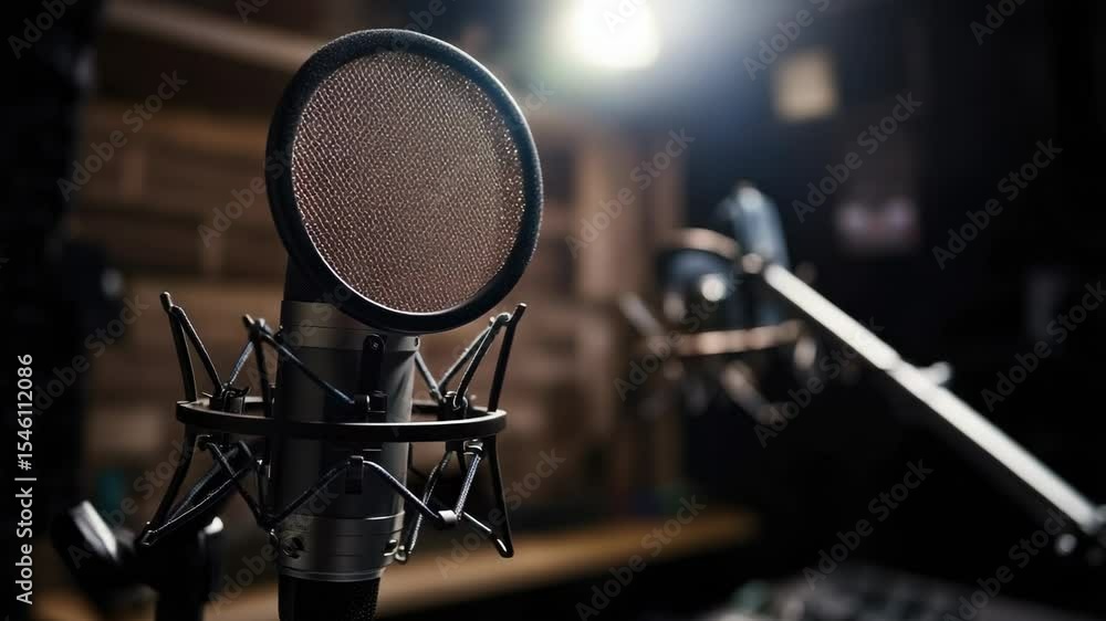 Poster microphone and keyboard setup in a professional recording studio environment