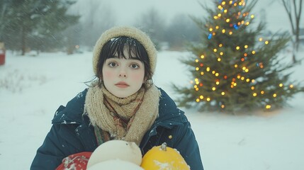 Young Woman with Christmas Tree and Snow