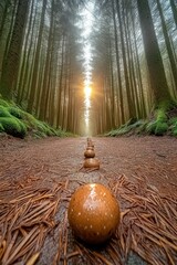 Zen Stones in Forest Pathway with Sunlight