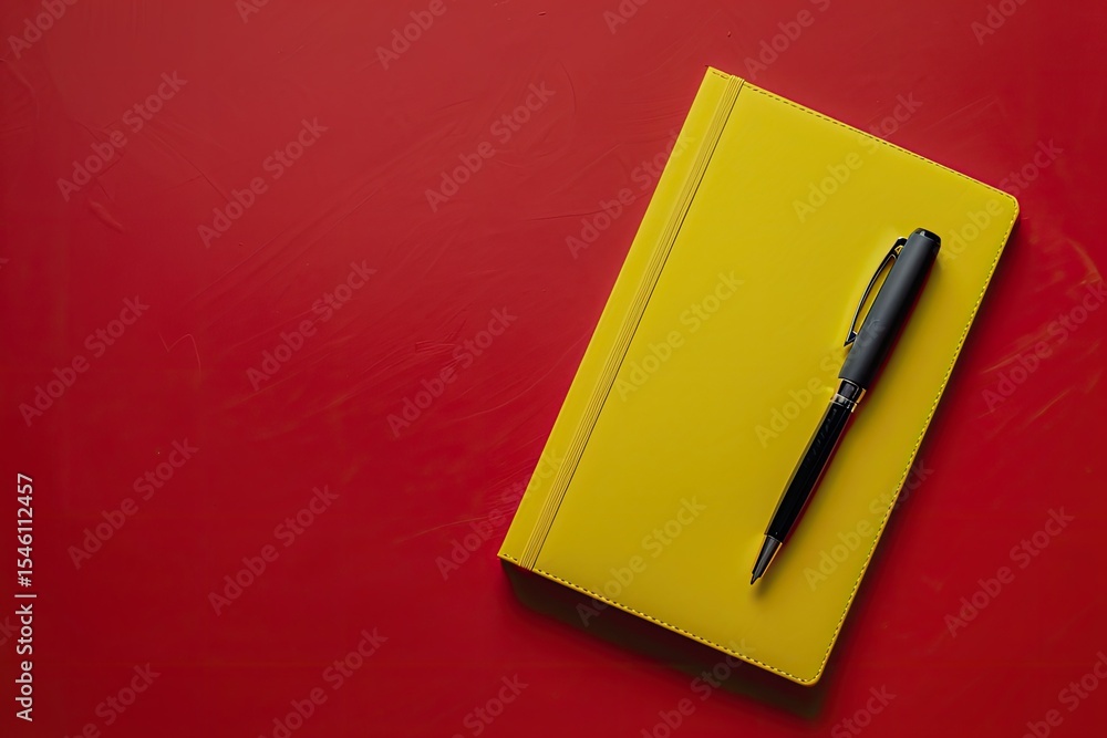 Aufkleber design concept top view of yellow notebook and pen collection isolated on red background for mockup