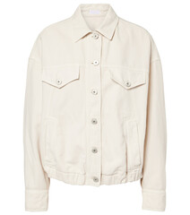 Denim jacket with pleated front detail and buttons isolated on a white background