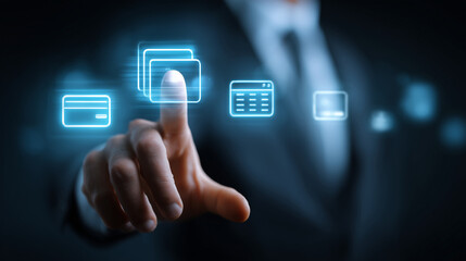 AI fintech concept, floating holographic icons: bank, wallet, credit card, invoice, calendar, glowing lines, businessman's hand interacting, futuristic minimal office, copy space