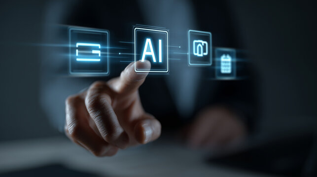 AI fintech concept, floating holographic icons: bank, wallet, credit card, invoice, calendar, glowing lines, businessman's hand interacting, futuristic minimal office, copy space