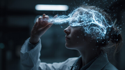 data scientist analyzing floating AI holographic interface, neural network visualization, glowing light particles, futuristic lab setting, dark background, copy space