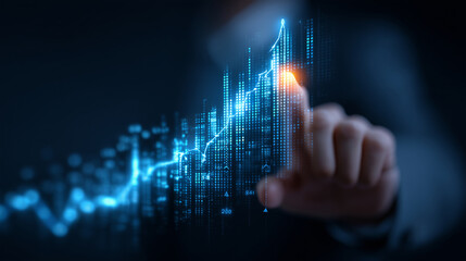 investment banker managing AI-powered portfolio, floating financial graphs, profit increase indicators, glowing holographic charts, blue neon aesthetics, copy space