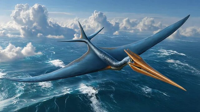 Pterosaur Soaring Over Ocean: Majestic pterosaur with large wingspan glides effortlessly above a vast ocean under a dramatic sky.
