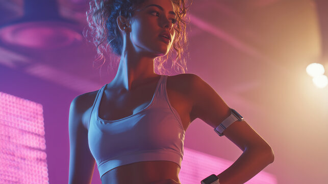 Woman exercising with fitness tracker, bright gym environment, glowing light leaks, health tech vibe, copy space - Powered by Adobe